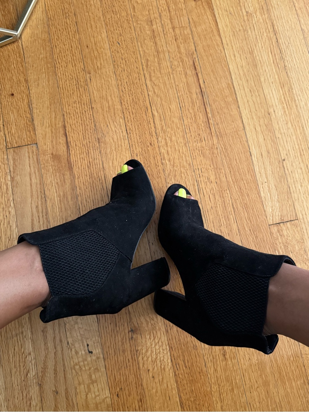 Black Suede 2010s Style Peep-Toe Heel Boots - Women